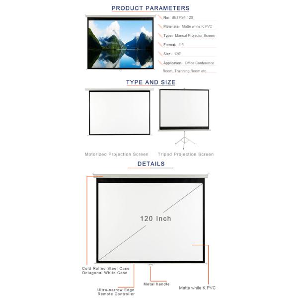 Matte White K PVC Manual Projector Screen 100 Inch With Metal Handle