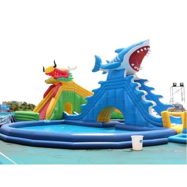 14*18m Inflatable Water Park with 1200w Blower and 1-20 People Capacity Dragon Shark Slide and Large Swimming Pool