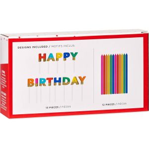 Greetings Birthday Candles, Multicolored Long Thin & Happy Birthday Text On
