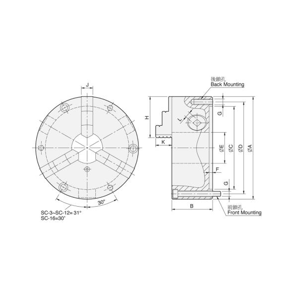 SC 3 jaw scroll chuck plain back solid jaws front and back mounted