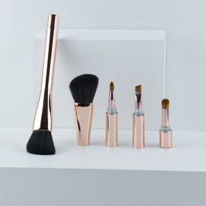 Shiny Rose Gold Portable Travel Makeup Brush Plastic Handle Mini 4 In 1