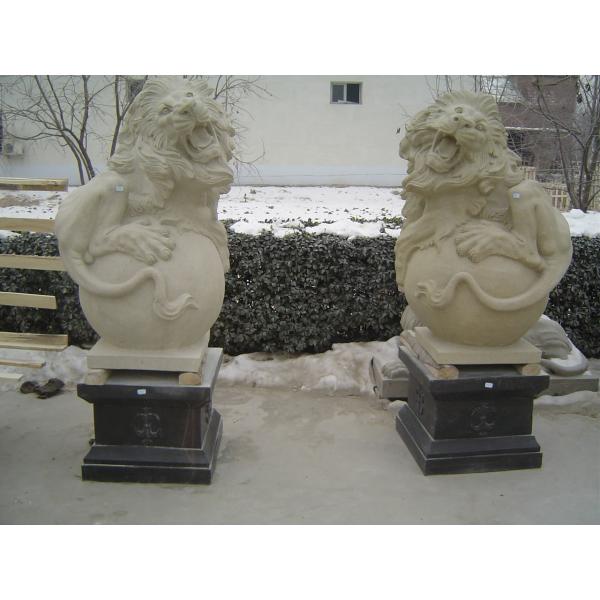 Marble Customized Sitting Lion Statues With Paw On Ball Stone Carving Sculpture