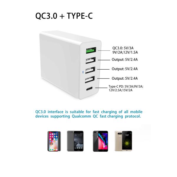 5 Ports USB C PD Chargers 60W QC3.0 For iPhone 11 Pro Xiaomi