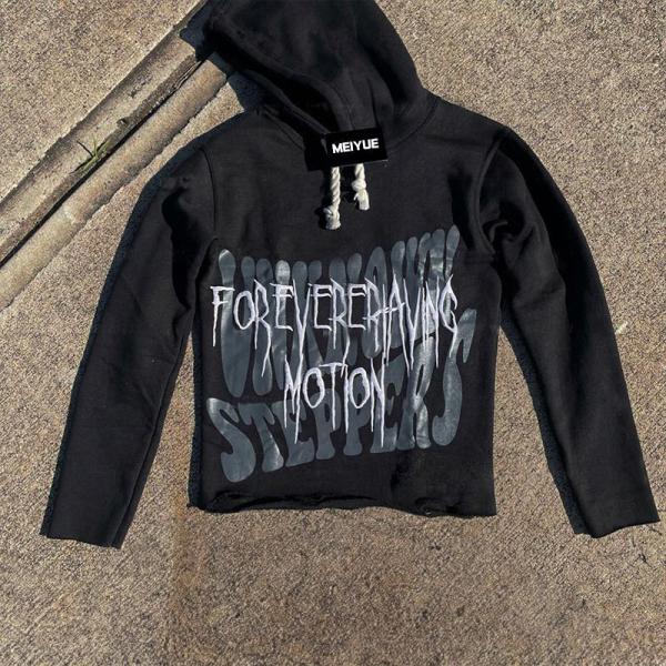 Custom Men Hoodies Puff Print Cut Edge Cropped Hoodie Men Drawstring Distressed Hoodies 100% Cotton Pullover Streetwear