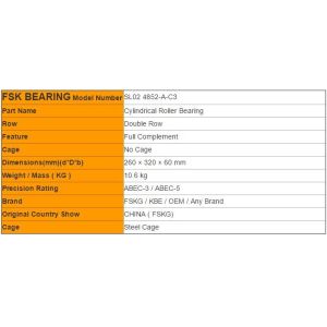 Full Complement SL02 4852-A-C3 Cylindrical Roller Bearing 260 × 320 × 60 mm