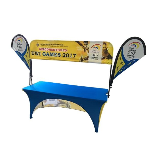 Quality Tradeshow Advertising Spandex Elastic Polyester table cloths with teardrop flag wholesale