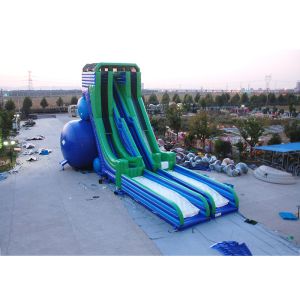 Cheap Green And Blue Dry and Wet Slides , Inflatable Drop Kick Slide With Double Lanes For Resort And Event for sale