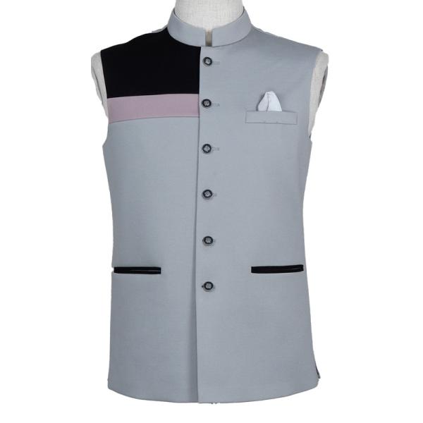 Men'S Cotton Stand Collar Waistcoat Custom For Special Occasion Party Wear Colorblock Vented Hem Waistcoat