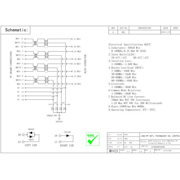 POE RJ45 Female Connector LPJK2064AONL Integrated Magnetics