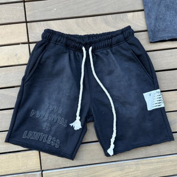 2024 High Quantity Fashion Causal Jogger Sweat Short 100 Cotton Puff Printing Logo Distress Label Mens Acid Washed Shorts