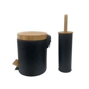 China Black 5L Pedal Garbage Can Pedal Bin Toilet Brush Holder With Wooden Lid on sale