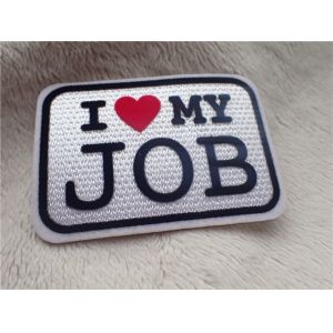 China Elegant Custom Clothing Patches  Slogan Logo I LOVE MY JOB Plush Chromatically Flocking on sale