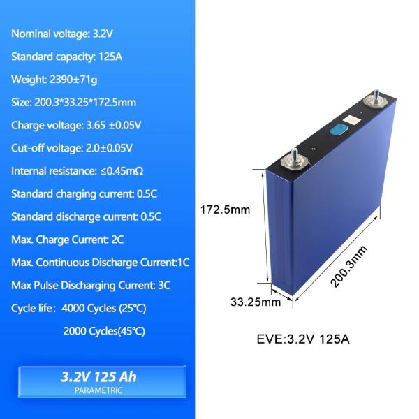 3.2V LiFePO4 LFP Cell Lithium Battery 125Ah 4000 Cycles 0.39mΩ±0.05 Internal Impedence MCDC 375A for Solar