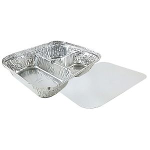 China 3 Compartment Rectangular Aluminum Foil Plate Food Container With Flat Lids Disposable on sale