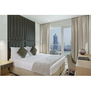 China Hotel apartment room furniture made by Laminate board for Desk with Minibar cabinets and Upholstered headboard on sale