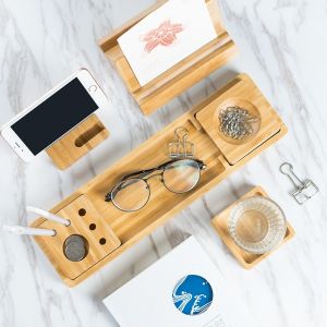 Cheap Sustainable Bamboo Desk Organizer Set With Smartphone Stand Pens And Paper Clips Holder for sale