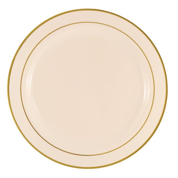 6" fancy round gold plastic plates with plastic silverware 6" ivory/ gold band round rimini plastic dessert plate