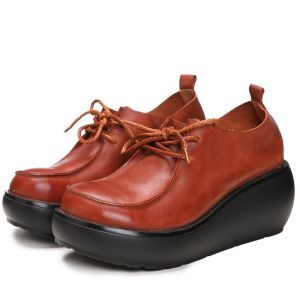 China S055 Retro round toe women's shoes, first layer leather lace-up, thick-soled wedge single shoes, non-slip new products on sale