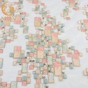 Tulle Beaded Embroidered Lace Fabric 140cm Width Customized With Rhinestones