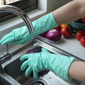 Cheap Green Color Latex Cotton Lined Rubber Gloves Different Sizes For Washing Dishes for sale