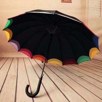 Quality Double Canopy Bright Multi Colored Umbrella Hook Plastic Handle Black Metal Frame wholesale