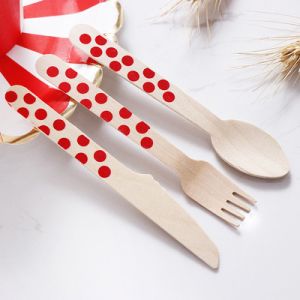 China Eco Friendly 160MM  Red Dots Wooden Cutlery Knife Fork Spoon Uensils Set on sale