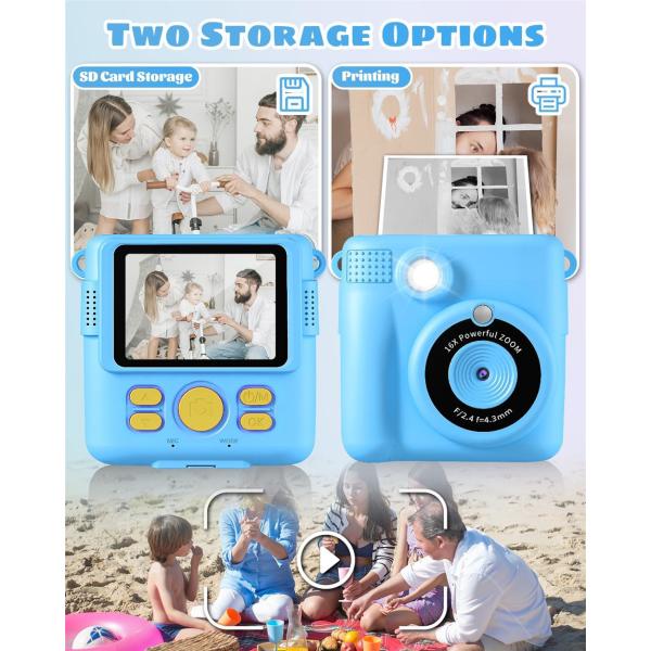 1080P HD Kids Digital Camera 2.4 inch Screen Size Instant Print 32G SD Card 3 Rolls Photo Paper Perfect Birthday Christmas Gifts for 6-12 Boys Girls