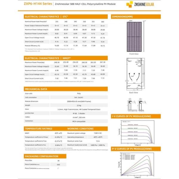 Znshine Half Cut 350w 355w 360w Poly Solar Panels