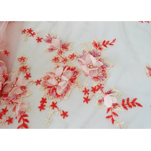 3D Red Flower Bead Embroidered Sequin Lace Fabric With Scalloped Edging For