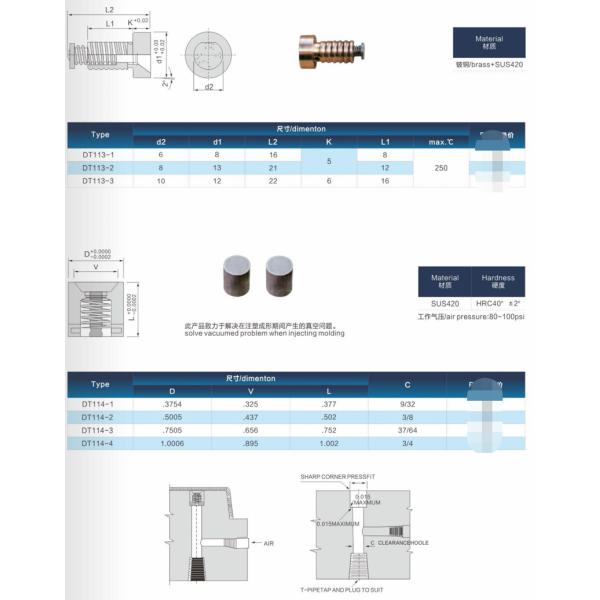 Hasco Injection Mould Parts INOX1.4034 , Air Ejector Pin Type A