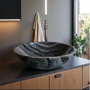 China Ancient Wood Grain Stone Bathroom Sink Glacier Veined Stone Sink Basin Durable For Luxury Hotel on sale