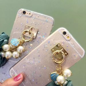 Soft TPU Pink&Blue Pearls Fancy Chain Cell Phone Case Back Cover For iPhone 6 6s
