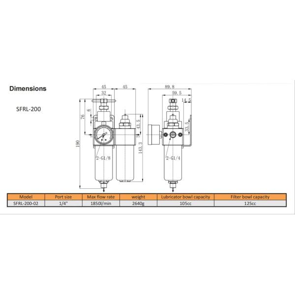 SFRL200 Stainless Steel Pneumatic Filter Regulator Lubricator Thread Size 1/4