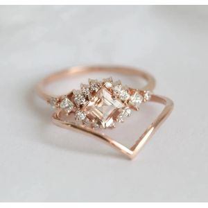China 925 Sterling Silver Fascination Pretty Rose Gold Plated Fine Sparkling Morganite Halo Ring Set on sale