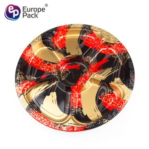 5 compartments round shape disposable colorful plastic food tray with lid