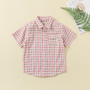 China High quality clothing boys plain tops design children shirts Preppy Style cotton fabric short sleeves plaid shirt on sale