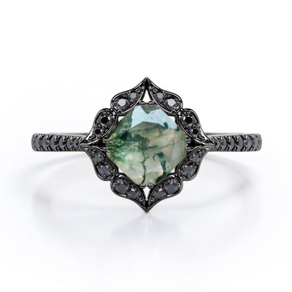 Botanical Design - 0.5 Carat Pear Cut Druzy Scenic Moss Green Agate - 4 Prong