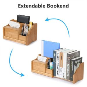 Adjustable Bookend Bamboo Storage Box for Office Organization 30-56.4 x18.54x18