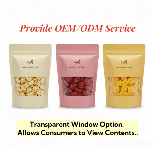 Eco Friendly Kraft Paper Stand Up Pouches Food Grade Resealable Clear Window Storage Bags for Snacks Coffee Home Kitchen