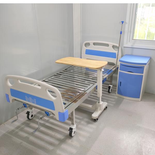 Quality 2-Function Stainless Steel Manual Hospital Bed With IV Pole Bedside Table & Cabinet wholesale
