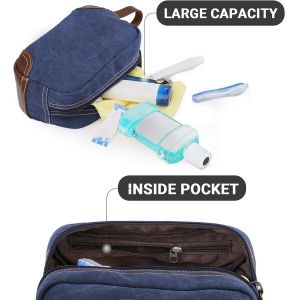 Bathroom Toiletry Travel Bag For Men , Blue Leather And Canvas Large Dopp Kit