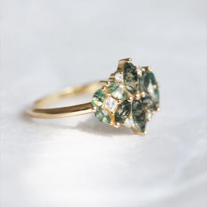 Large Hexagon Moss Agate Statement Wedding Cluster Ring Set