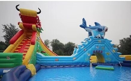14*18m Inflatable Water Park with 1200w Blower and 1-20 People Capacity Dragon Shark Slide and Large Swimming Pool