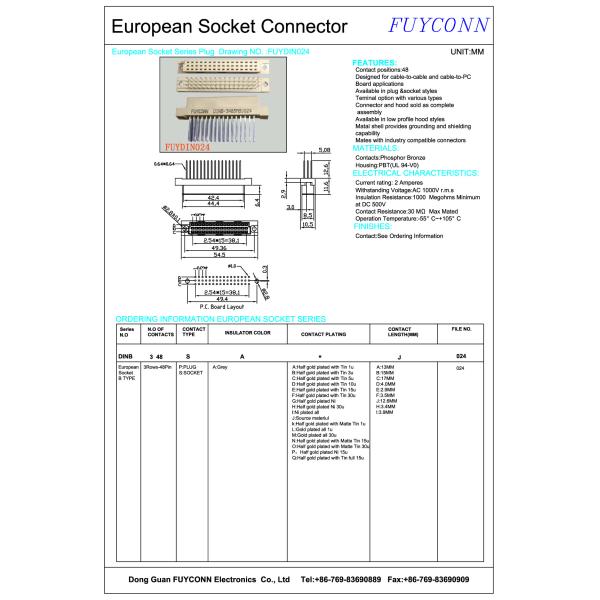 B Type 3 rows Receptacle DIN 41612 connector 48P Eurocard Straight Female Connector