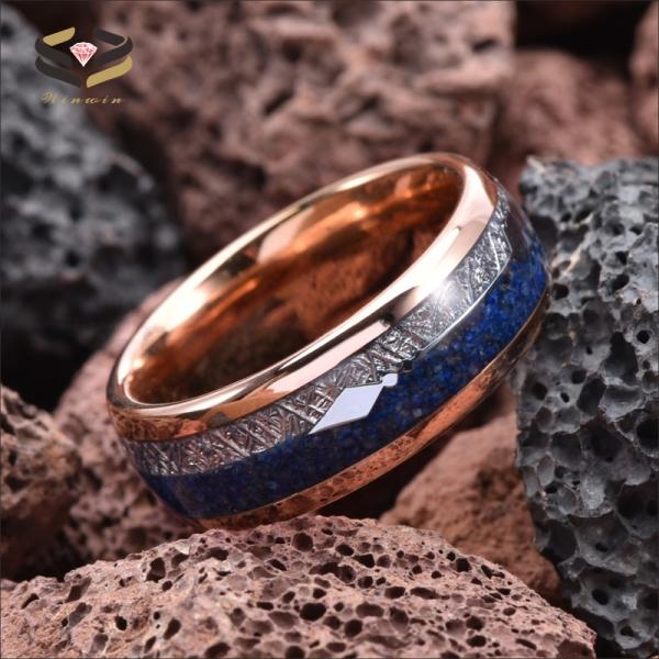 8mm Tungsten Lapis Wedding Band With Rose Gold Dome And Silver Arrow Inlay