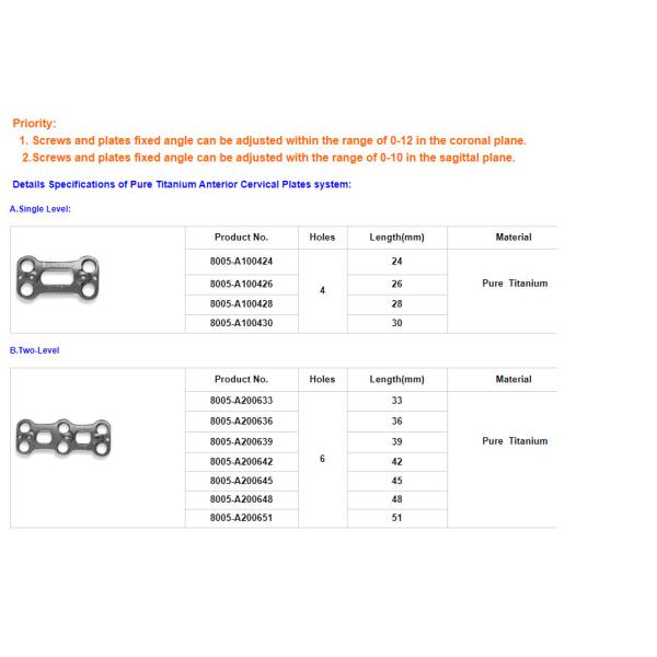 Pure Titanium Anterior Cervical Plates System Orthopedic Implants Plates