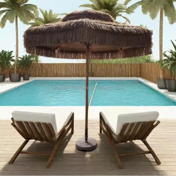 Quality 9 ft synthetic thatch beach umbrella 8 ribs plastic Thatched Tiki umbrella sand beach Straw Umbrella with fringe wholesale