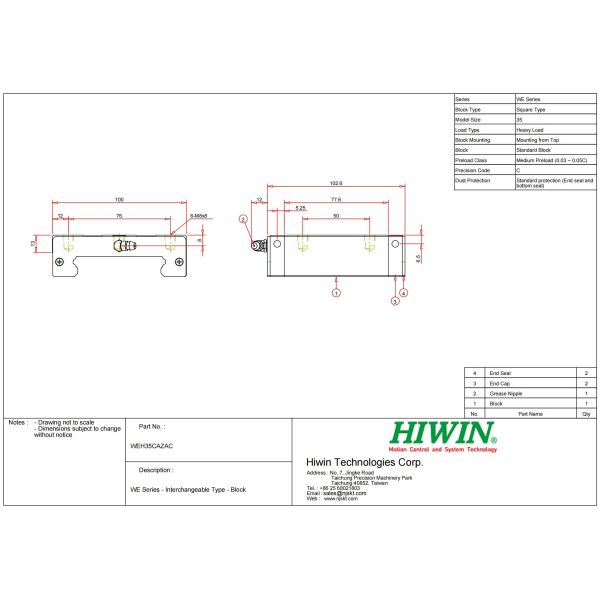 WEH35CA Hiwin Linear Bearing Carriage 35mm Size SS Standard Dust Protection