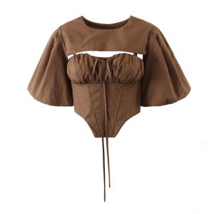China Vintage Senior Light Luxury Temperament Sling Suit Dark Brown Fake Two Piece T Shirt on sale