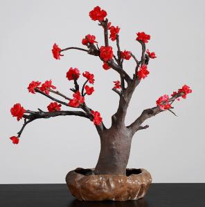 China Wedding Home Decor Red Artificial Potted Floor Plants Plum Blossom Silk Flower on sale